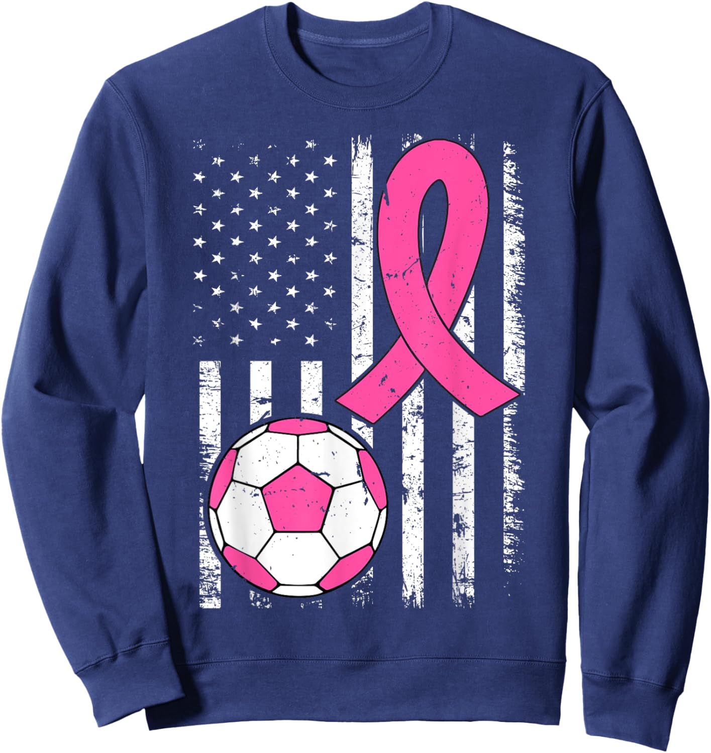 Soccer Ball Ribbon US Flag Breast Cancer Awareness Pink Sweatshirt - Sweatshirt | Navy