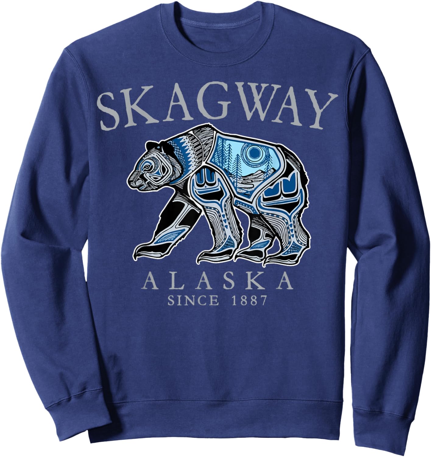 Skagway Alaska Tribal Art Bear Since 1887 Grey Letters Sweatshirt - Sweatshirt | Navy