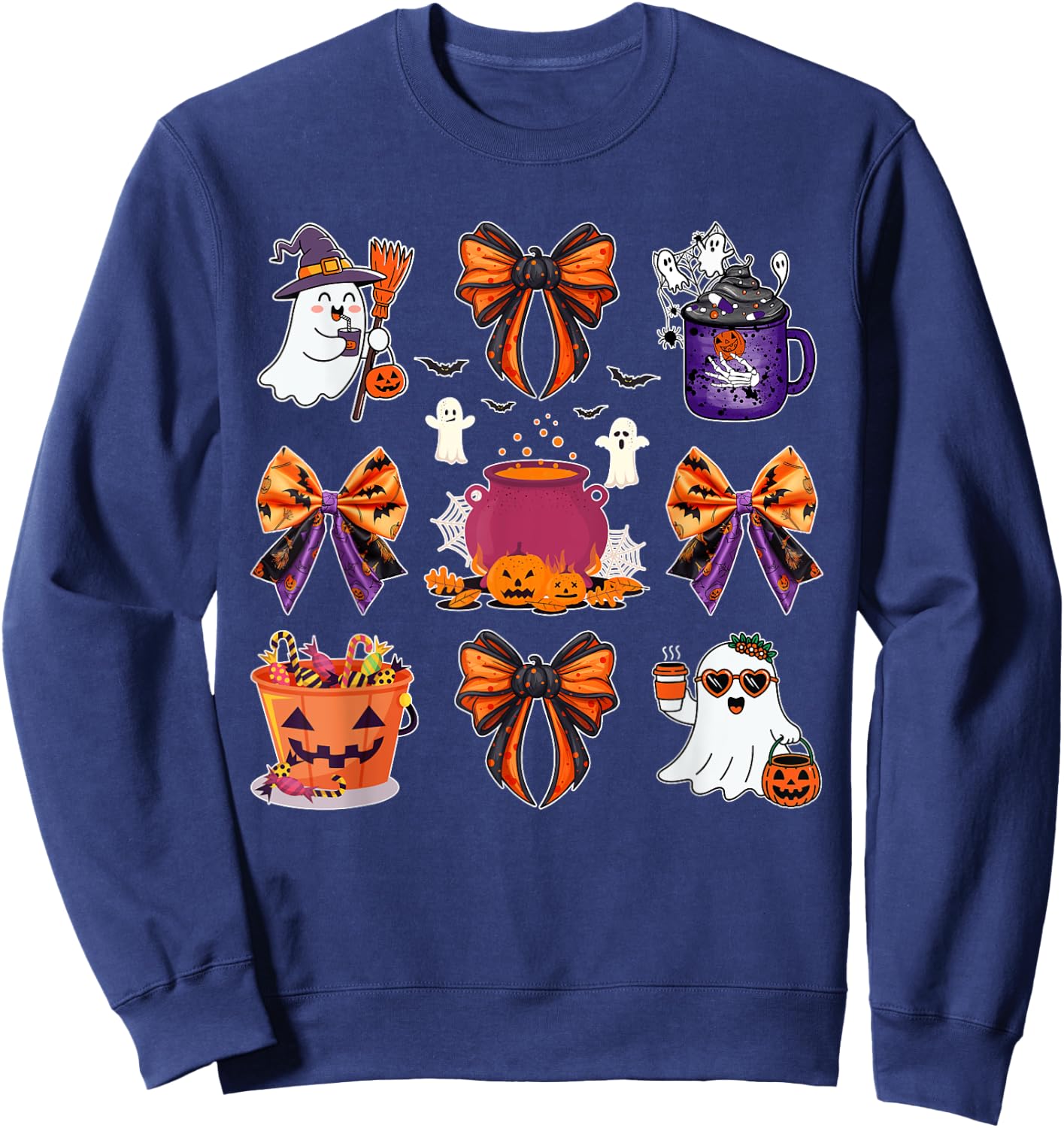 Ghost Boo Candy Buckets Pumpkin Spice Halloween Coquette Bow Sweatshirt - Sweatshirt | Navy