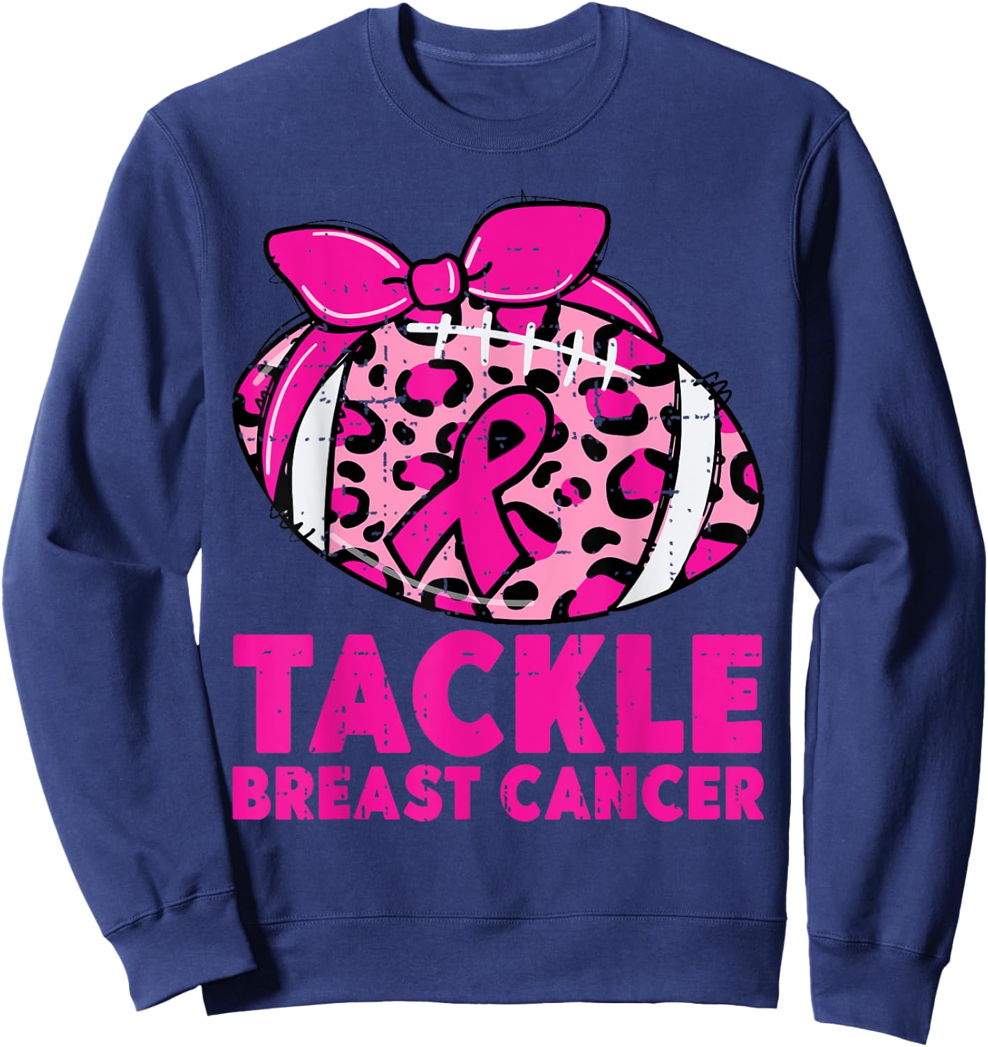 Tackle Breast Cancer Awareness Leopard Football Pink Ribbon Sweatshirt - Sweatshirt | Navy