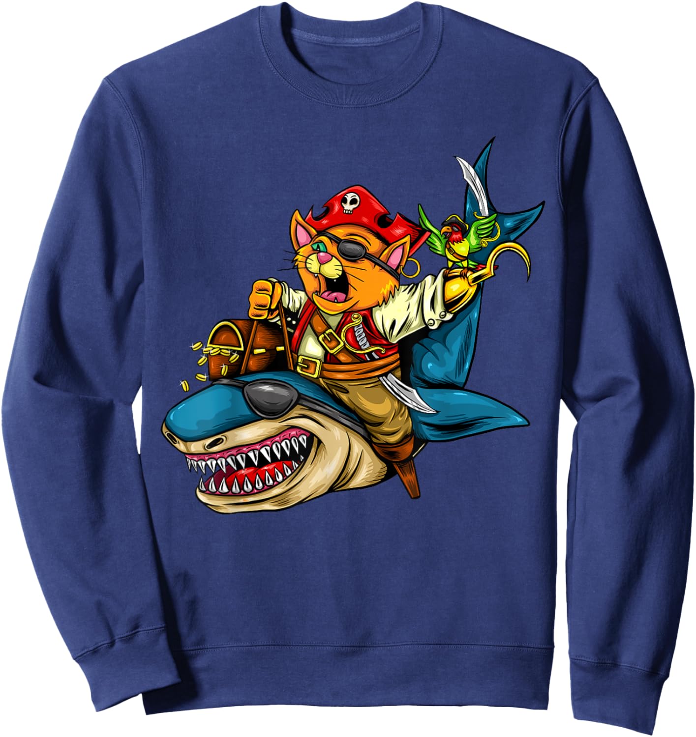 Pirate Cat Riding Pirate Shark Halloween Women Kids Sweatshirt - Sweatshirt | Navy