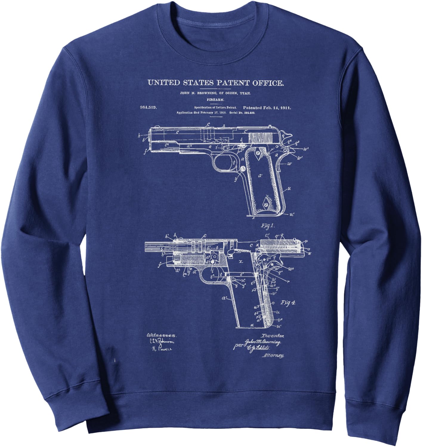 1911 Retro Vintage Handgun Diagram Blueprint Pistol 45ACP Sweatshirt - Sweatshirt | Navy