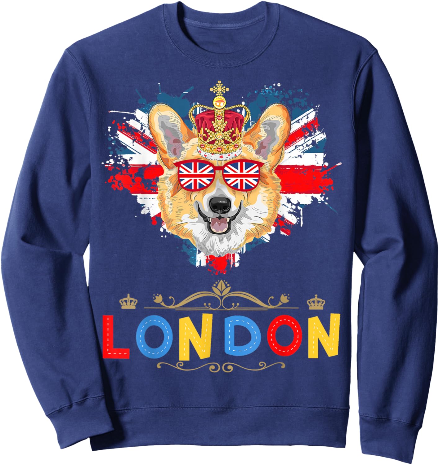 London Souvenirs Idea Kids With Corgi & British Memorabilia Sweatshirt - Sweatshirt | Navy