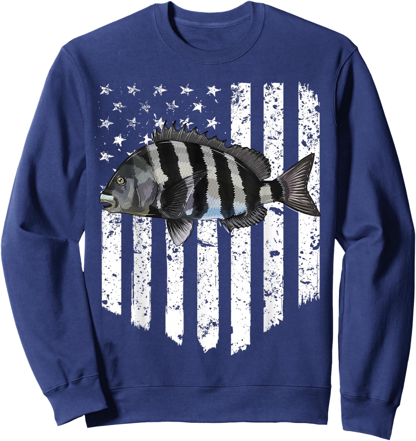 Black White American Flag Sheepshead 4th Of July Fish Sweatshirt - Sweatshirt | Navy