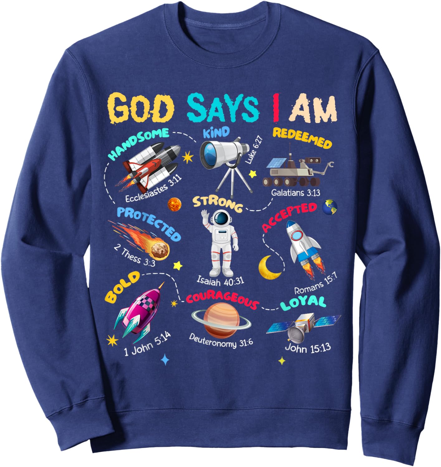 God Says I Am Planets Science Solar Star System Christ Bible Sweatshirt - Sweatshirt | Navy