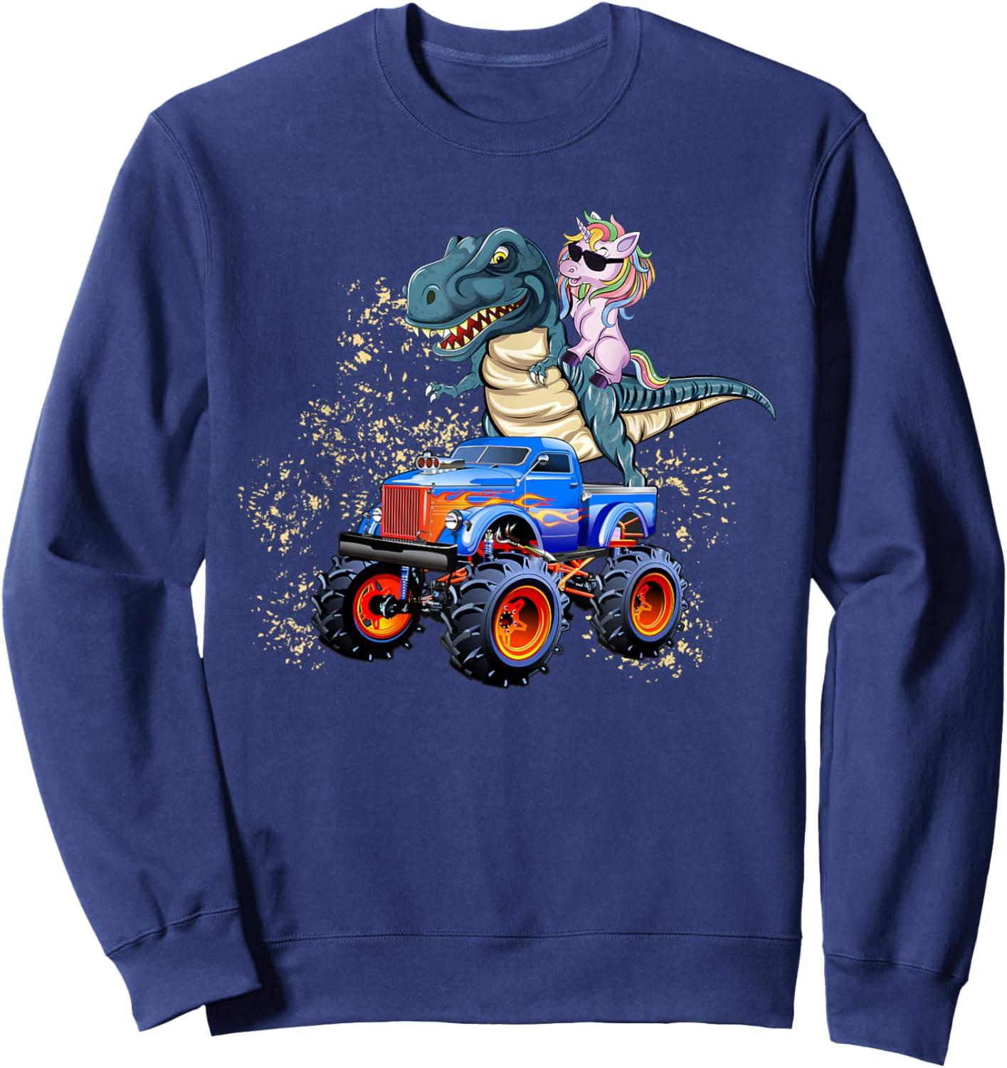 Unicorn Riding T rex Monster Truck Boys Girls Unicorn Sweatshirt - Sweatshirt | Navy