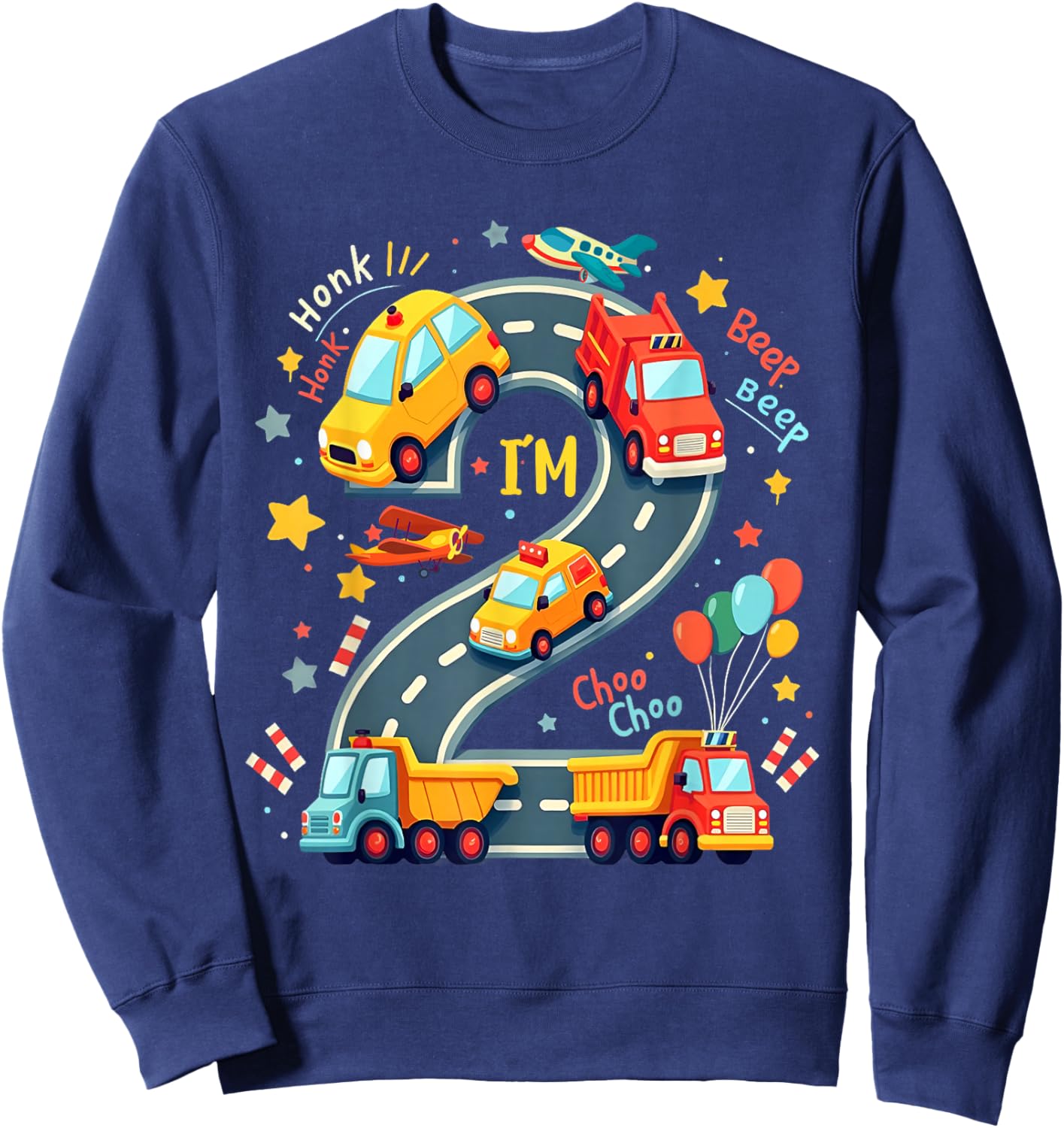 2 Year Old Birthday Boy Party Truck Car Transportation Kids Sweatshirt - Sweatshirt | Navy