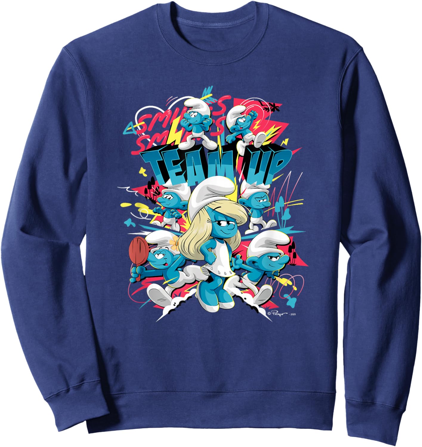 The Smurfs Movie Village Team Up Retro Cartoon Sweatshirt - Sweatshirt | Navy