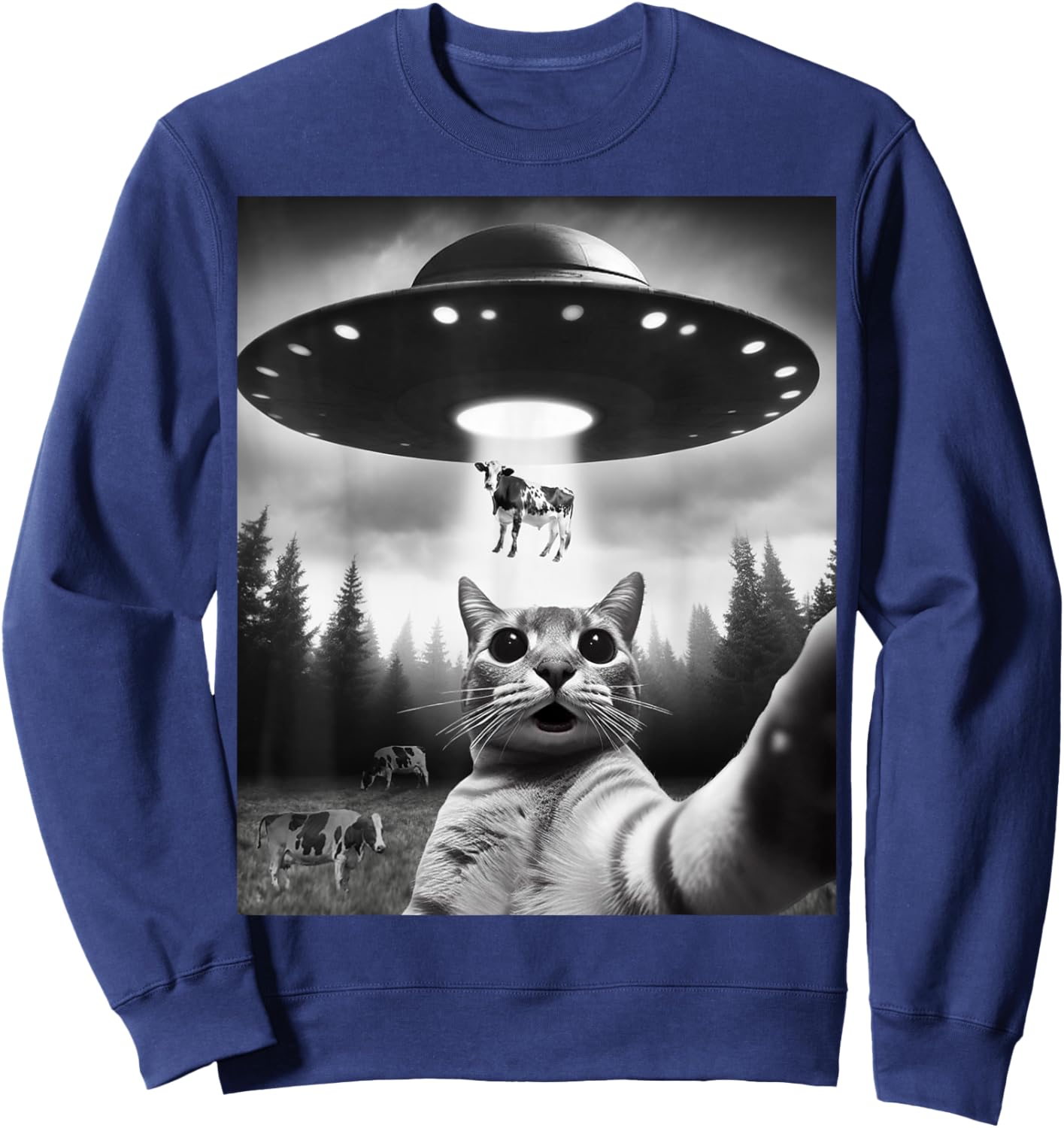 Funny Cat Selfie Flying Alien UFO Abducting Cow Cryptid Men Women Girls Kids Sweatshirt - Sweatshirt | Navy