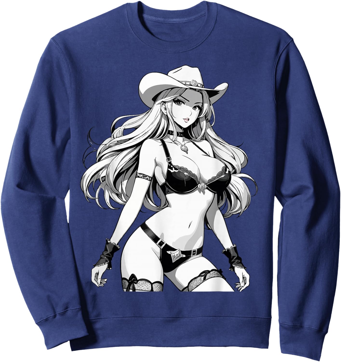 Sexy Waifu Anime Cowgirl Japanese in Black and White Art Sweatshirt - Sweatshirt | Navy