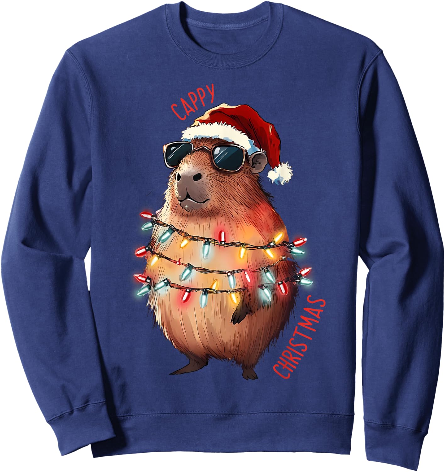 Cute Capybara Christmas Lights With sunglass Animal Lover Sweatshirt - Sweatshirt | Navy