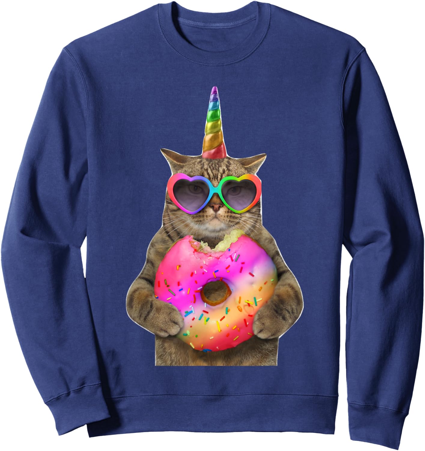 Humor cat with donut, Funny cat bites donut Women Kids Sweatshirt - Sweatshirt | Navy