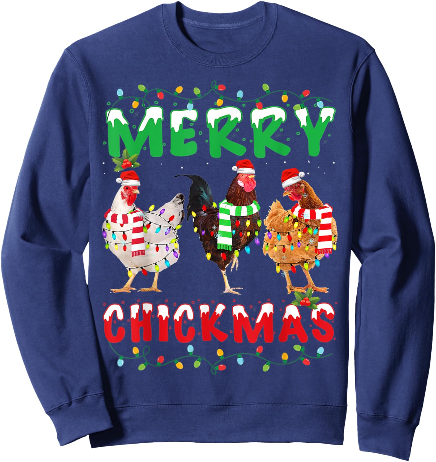 Merry Christmas Chicken Shirt Santa Hat Lights Funny Gift Sweatshirt - Sweatshirt | Navy