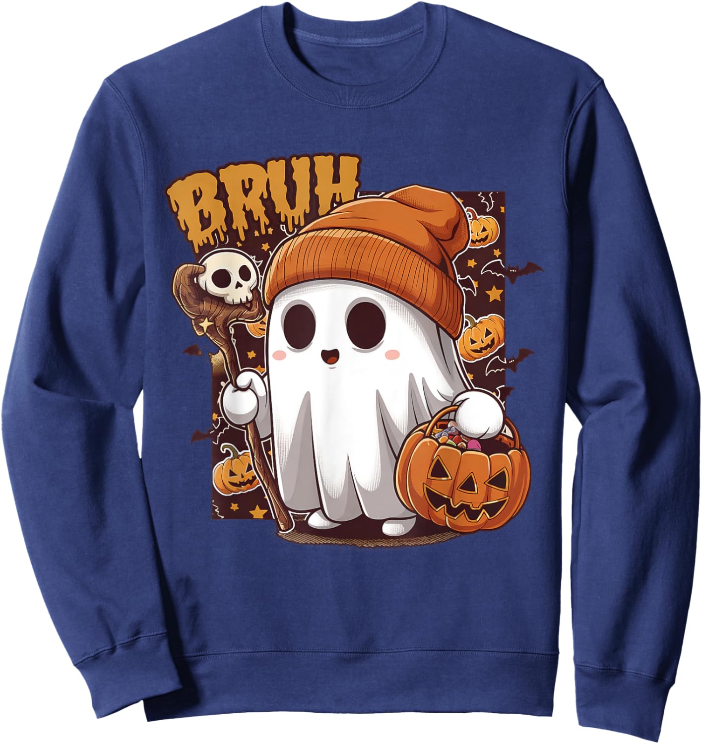 Bruh Ghost Happy Halloween Trick Or Treat Pumpkin Candy Kids Sweatshirt - Sweatshirt | Navy