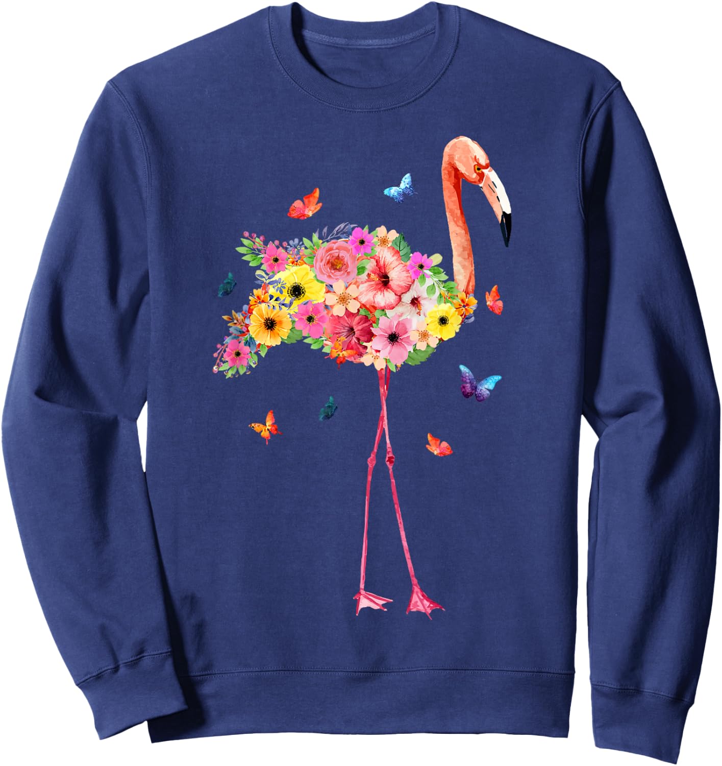 Pink Flamingo Watercolor Tropical Hawaiian Flowers Floral Sweatshirt - Sweatshirt | Navy
