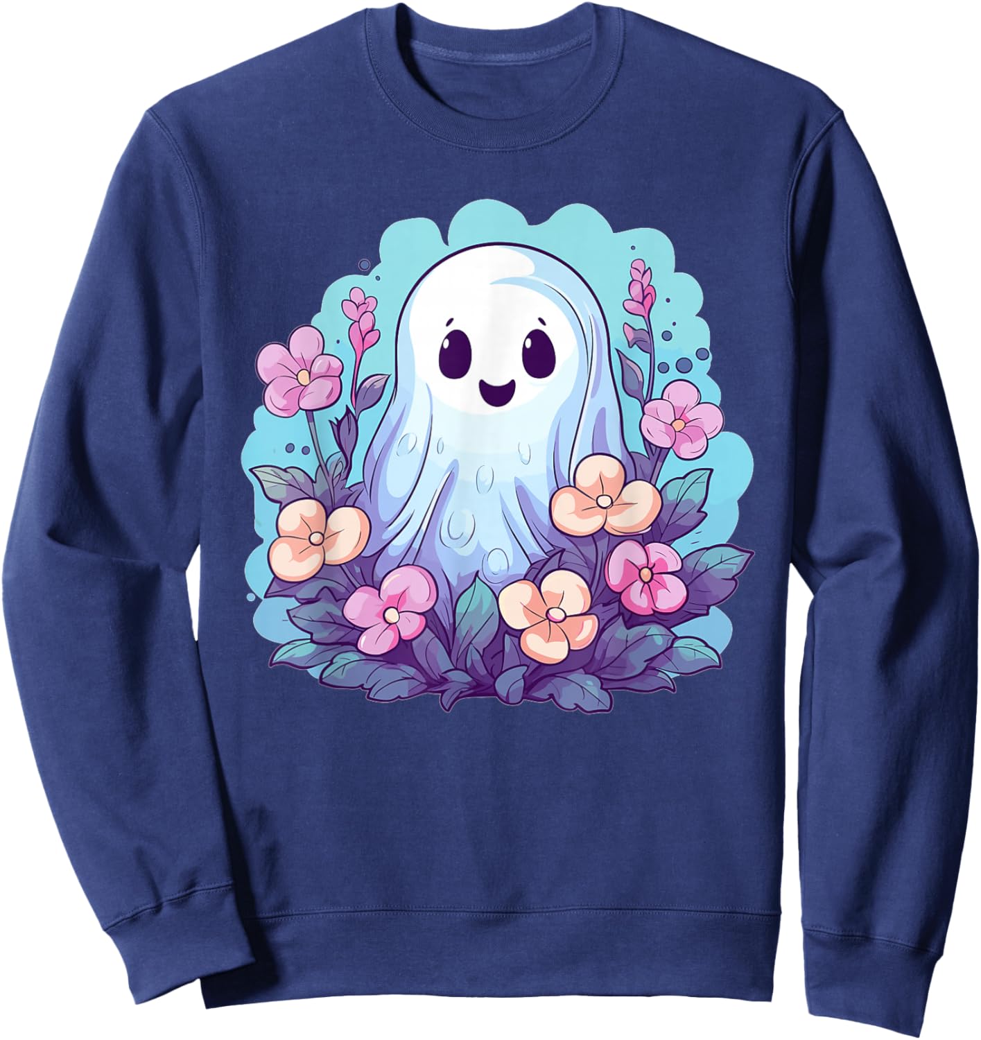 Cute Ghost With Flowers I Kids Ghost Sweatshirt - Sweatshirt | Navy