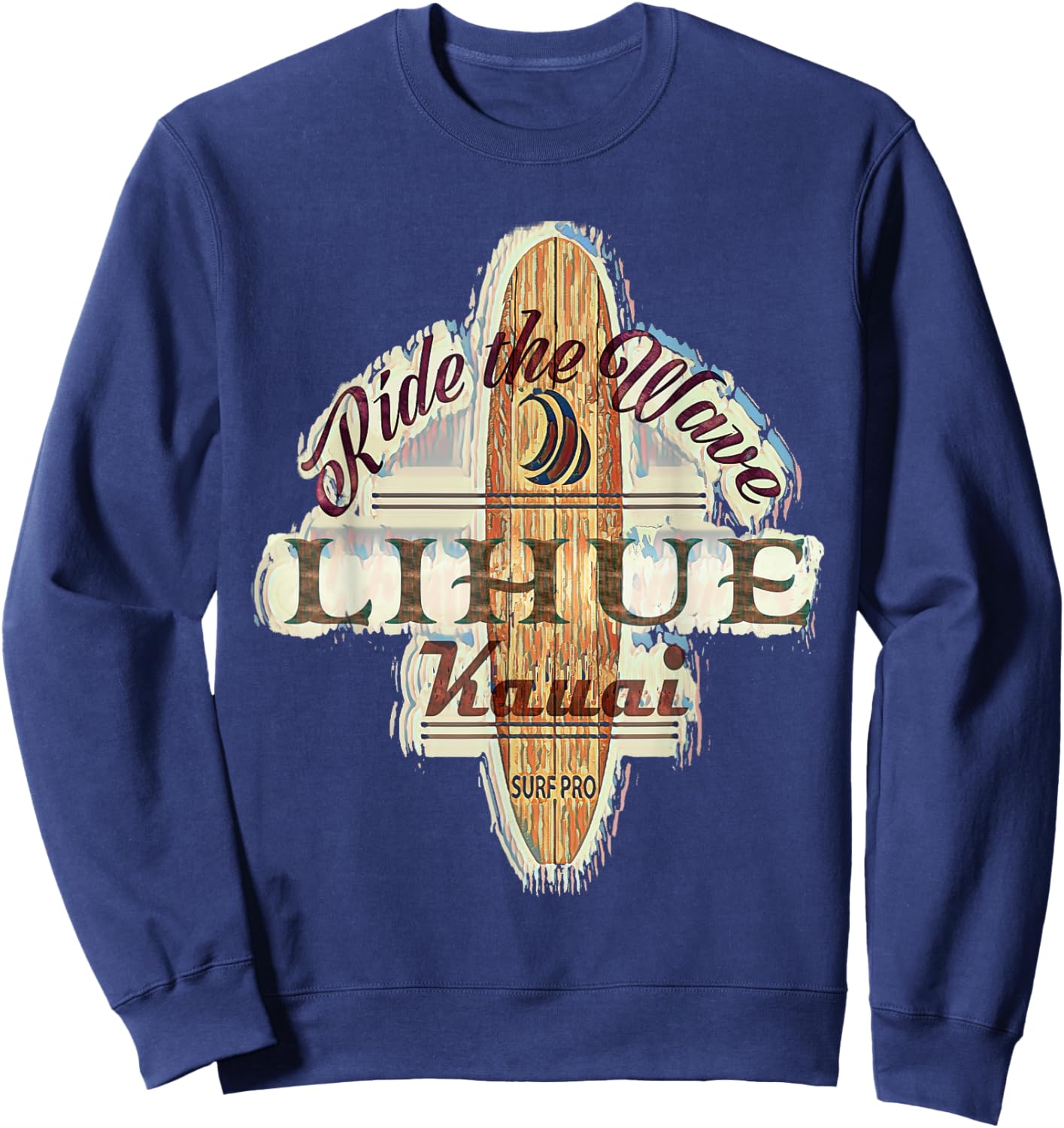Surfing, Surfboard, Distressed Longboard Lihue Kauai Sweatshirt - Sweatshirt | Navy