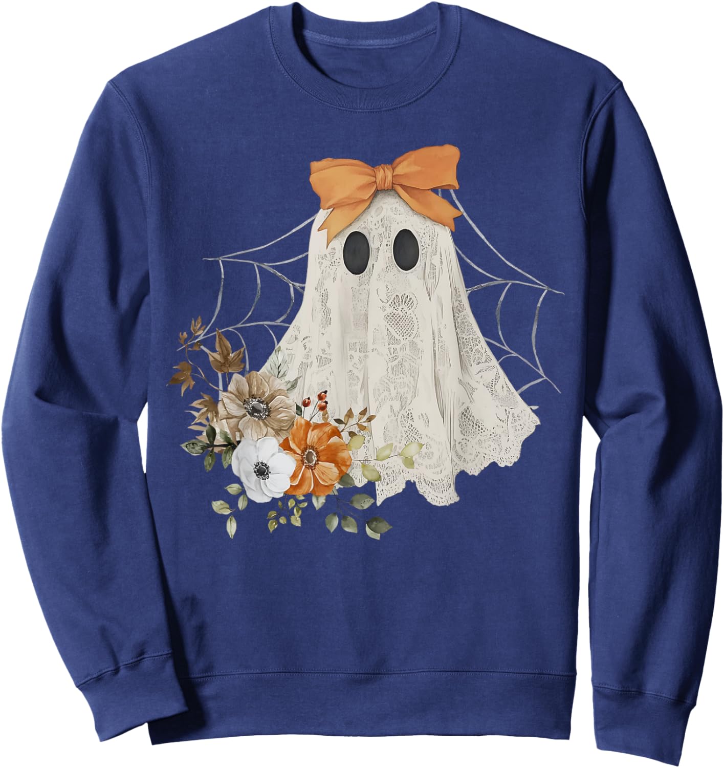Coquette Ghost Halloween Flower Ghost Spooky Lace Ghost Sweatshirt - Sweatshirt | Navy