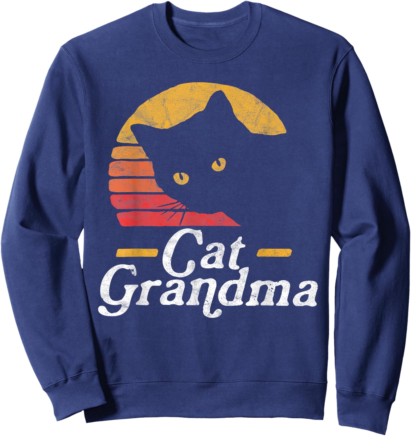 Cat Grandma Vintage Eighties Style Sun Cat Retro Distressed Sweatshirt - Sweatshirt | Navy