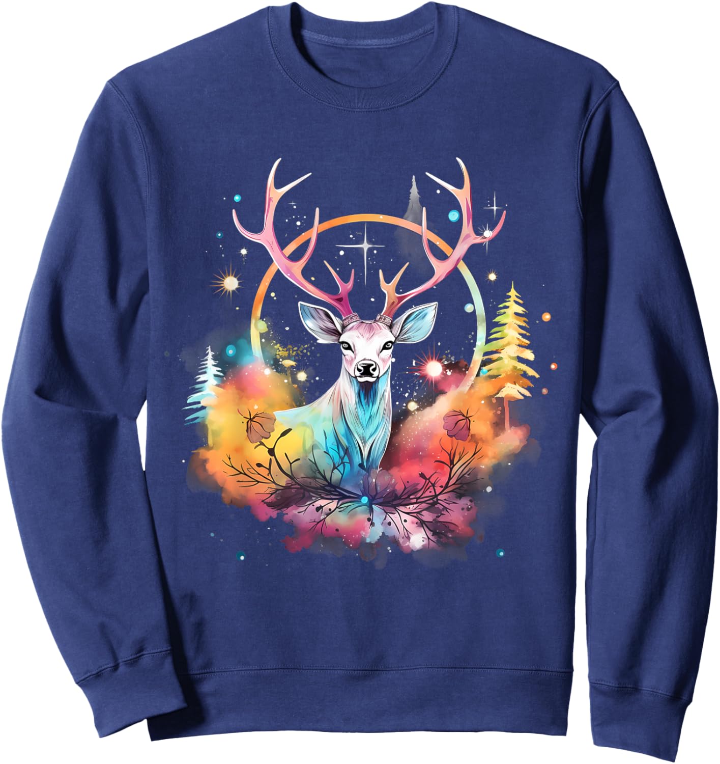 Deer Colourful Floral Motif Forest Nature Animal Lovers Sweatshirt - Sweatshirt | Navy