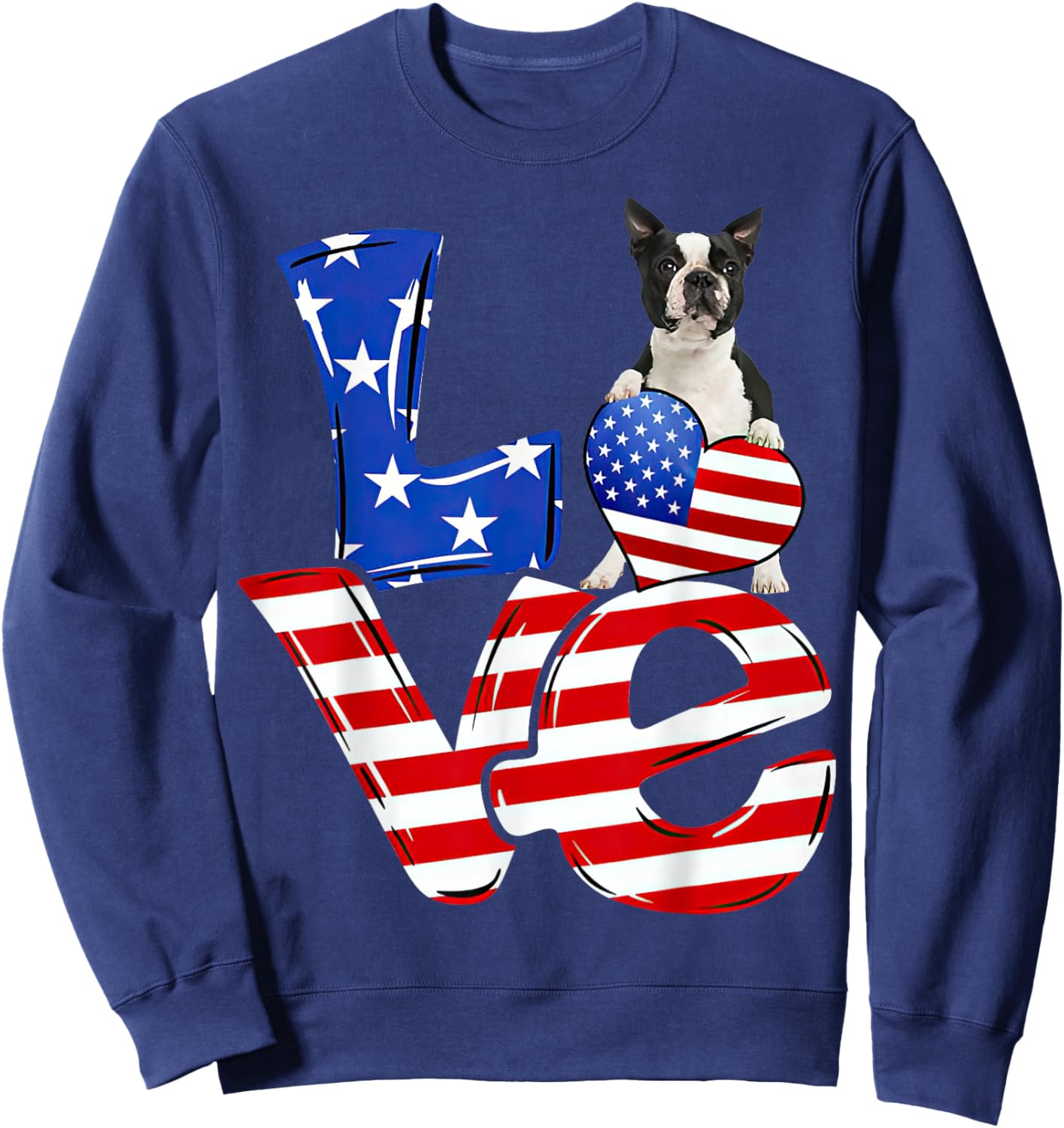 4th of July Patriotic LOVE Boston Terrier American Flag Sweatshirt - Sweatshirt | Navy