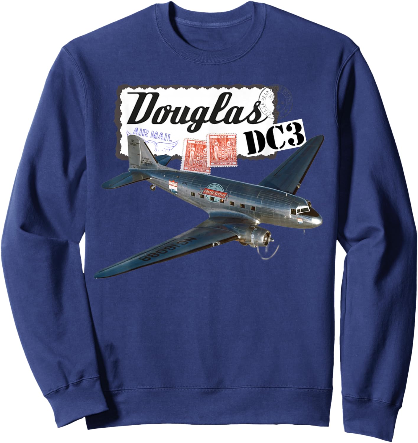 Retro Vintage 1930's Douglas DC3 Airplane Aircraft Novelty Sweatshirt - Sweatshirt | Navy