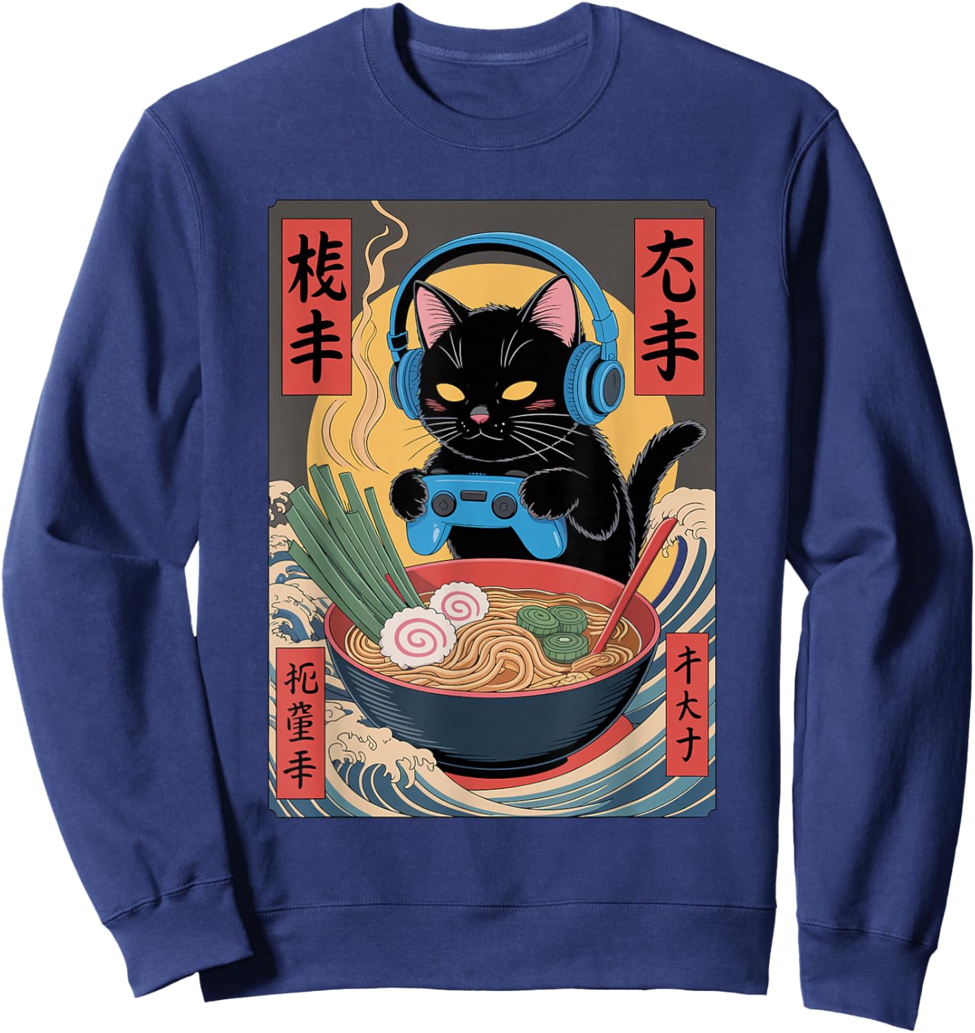 Cute Kawaii Gamer Cat Funny Ramen Retro Japanese Cat Gaming Sweatshirt - Sweatshirt | Navy
