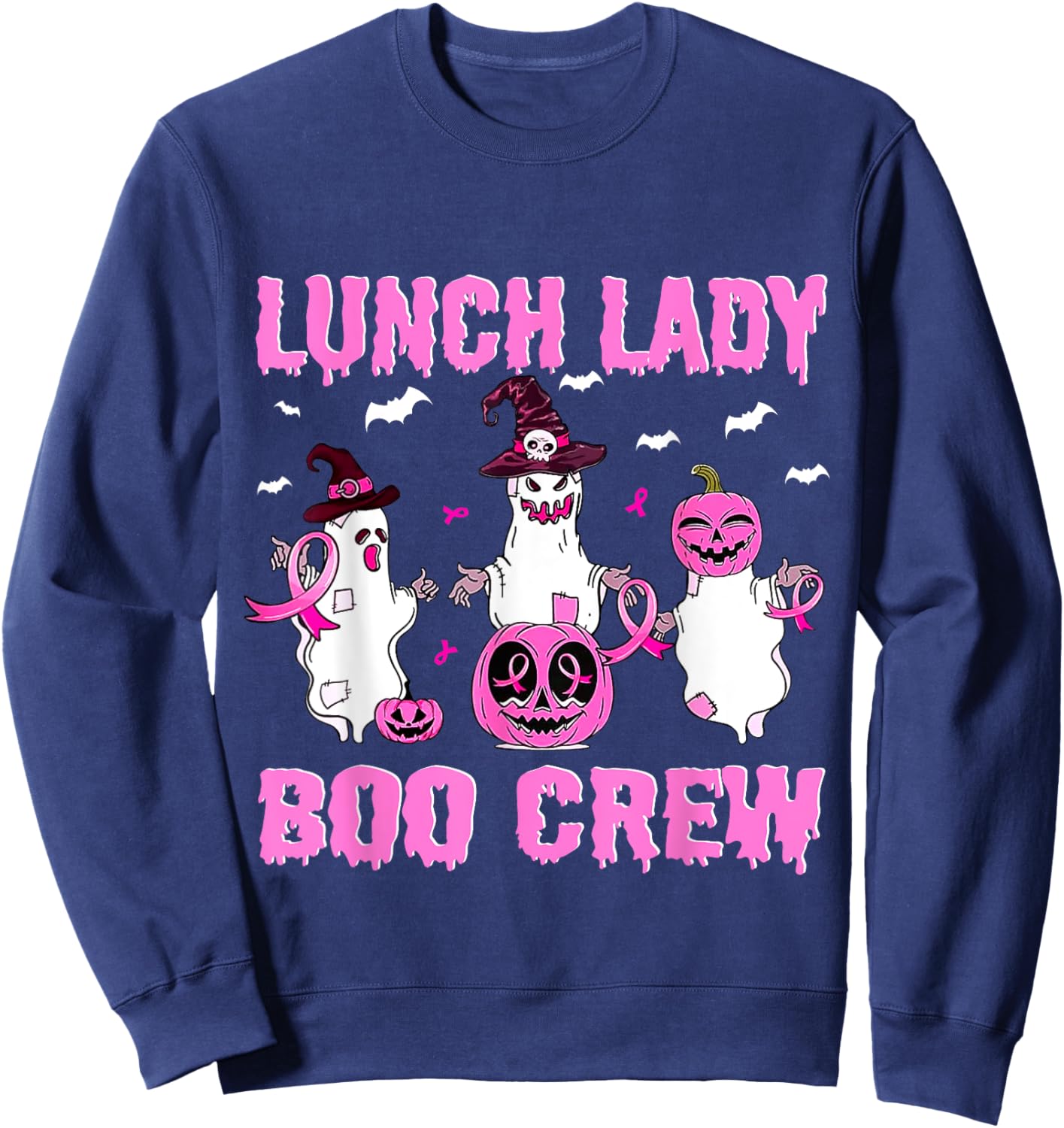 Lunch Lady Boo Crew Pumpkin Pink Breast Cancer Halloween Sweatshirt - Sweatshirt | Navy