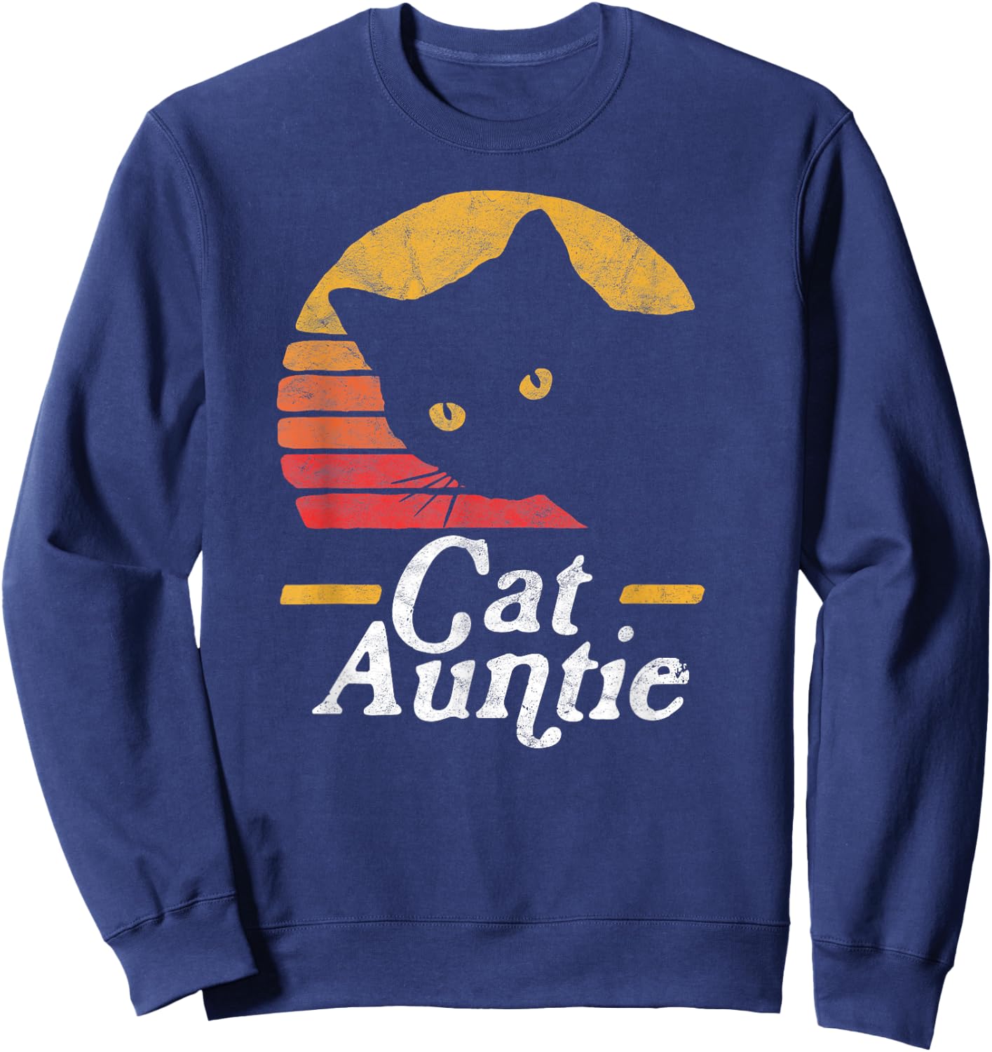 Cat Aunt Vintage Eighties Style Sun Cat Retro Distressed Sweatshirt - Sweatshirt | Navy