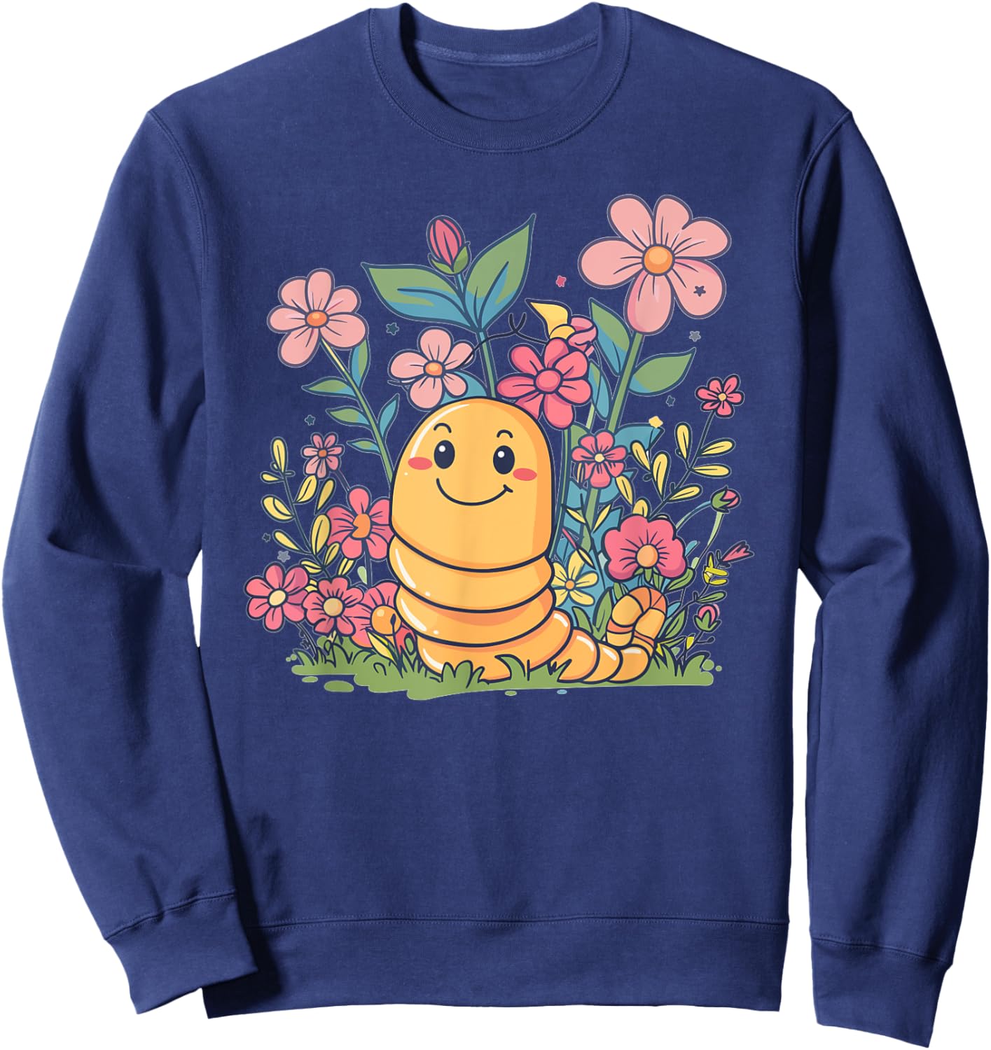 Cute Worm With Flowers I Kids Worm Sweatshirt - Sweatshirt | Navy