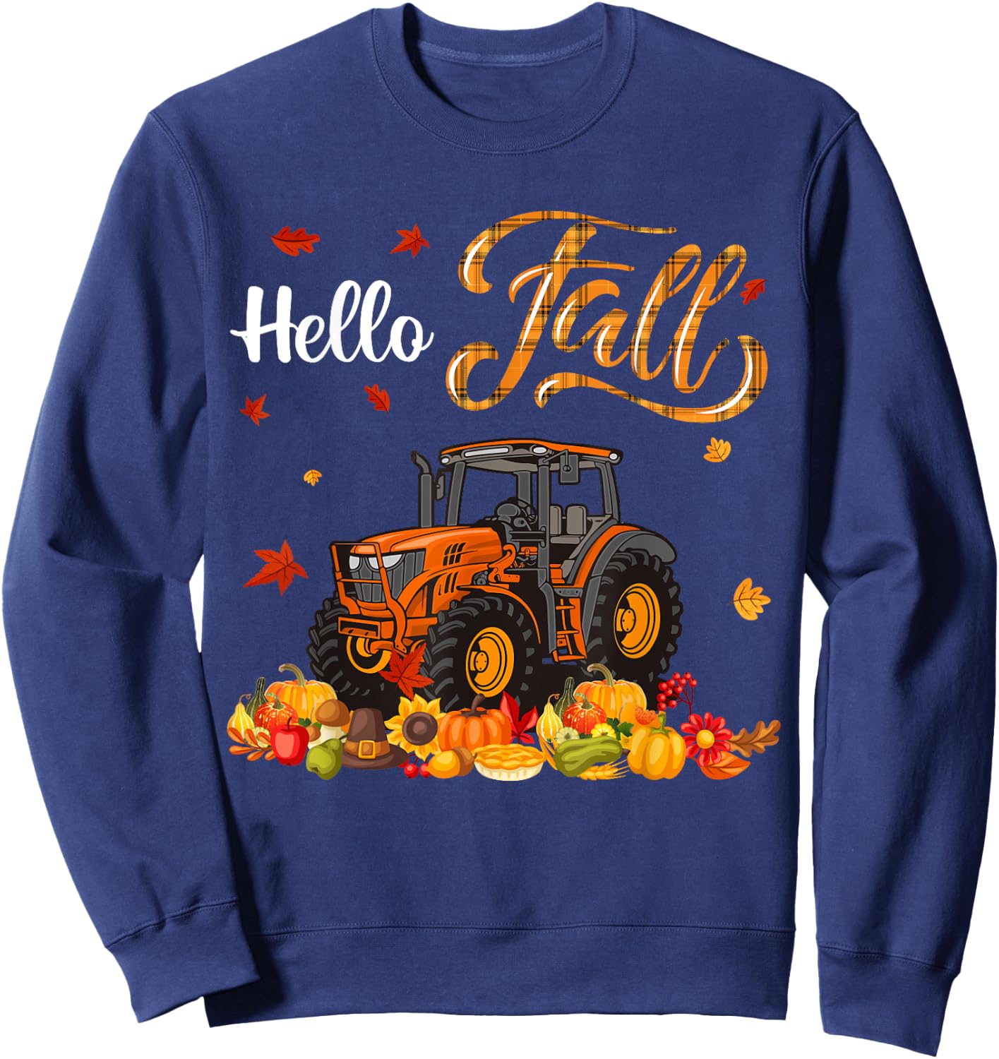 Thanksgiving Fall Orange Plaid Autumn Pumpkins Tractor Lover Sweatshirt - Sweatshirt | Navy