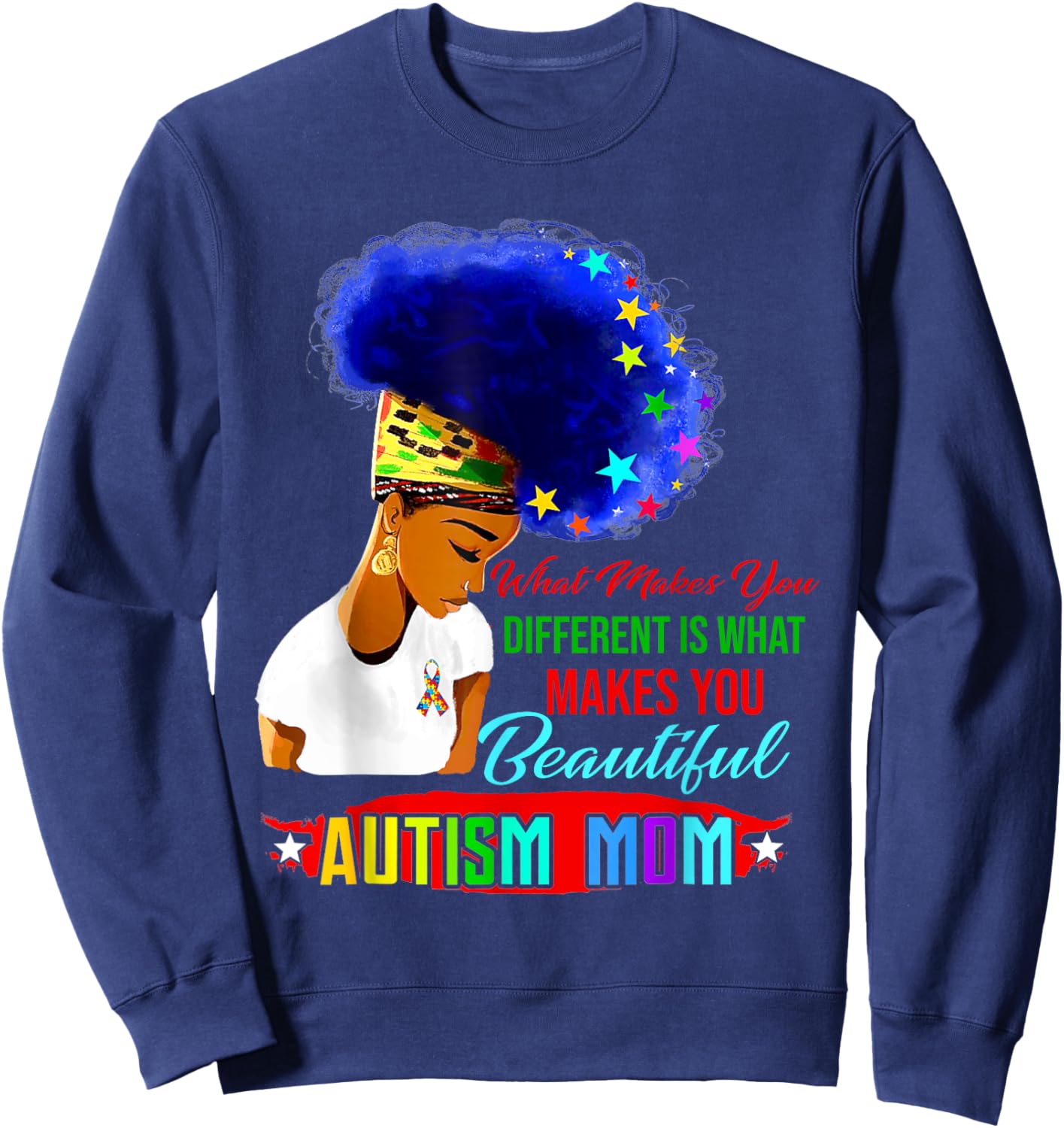 Black Afro American Autism Awareness Mom Rainbow Sweatshirt - Sweatshirt | Navy