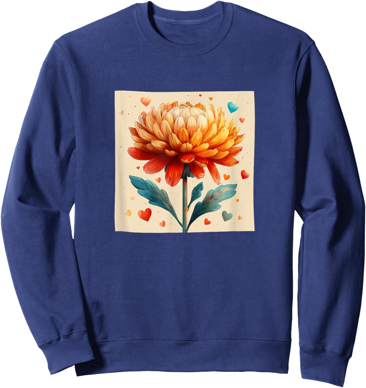 Chrysanthemum Flowers With Hearts Around Boho Graphic Sweatshirt - Sweatshirt | Navy