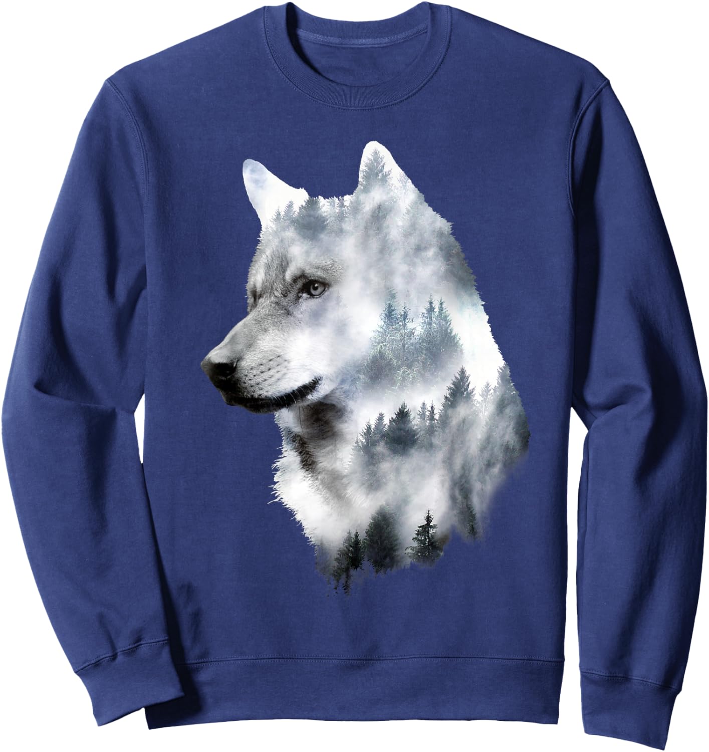 Dramabite Double Exposure Wolf - Men's Black Small Classic Fit Short Sleeve Animal-Wolf Graphic Sweatshirt - Sweatshirt | Navy