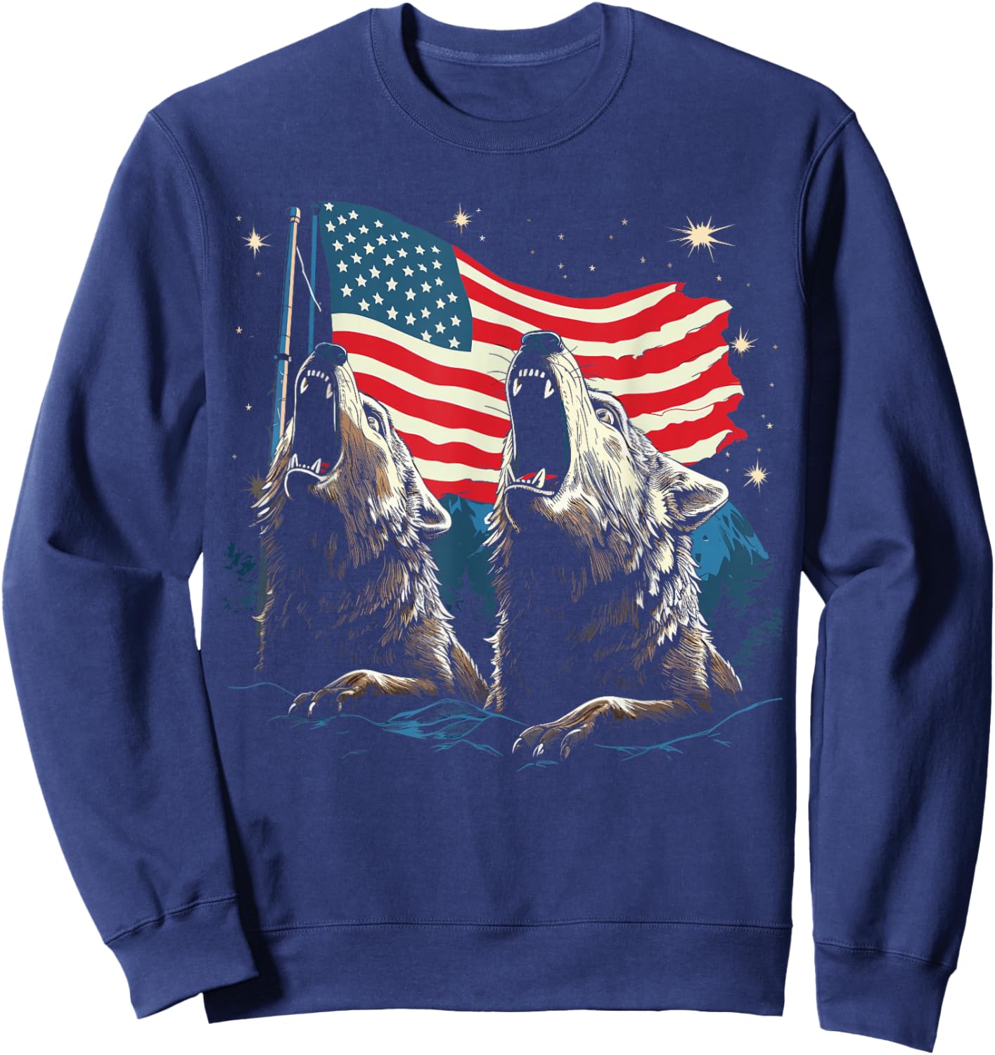 Wolves Moon Howling Wolf American Flag Wolves Sweatshirt - Sweatshirt | Navy