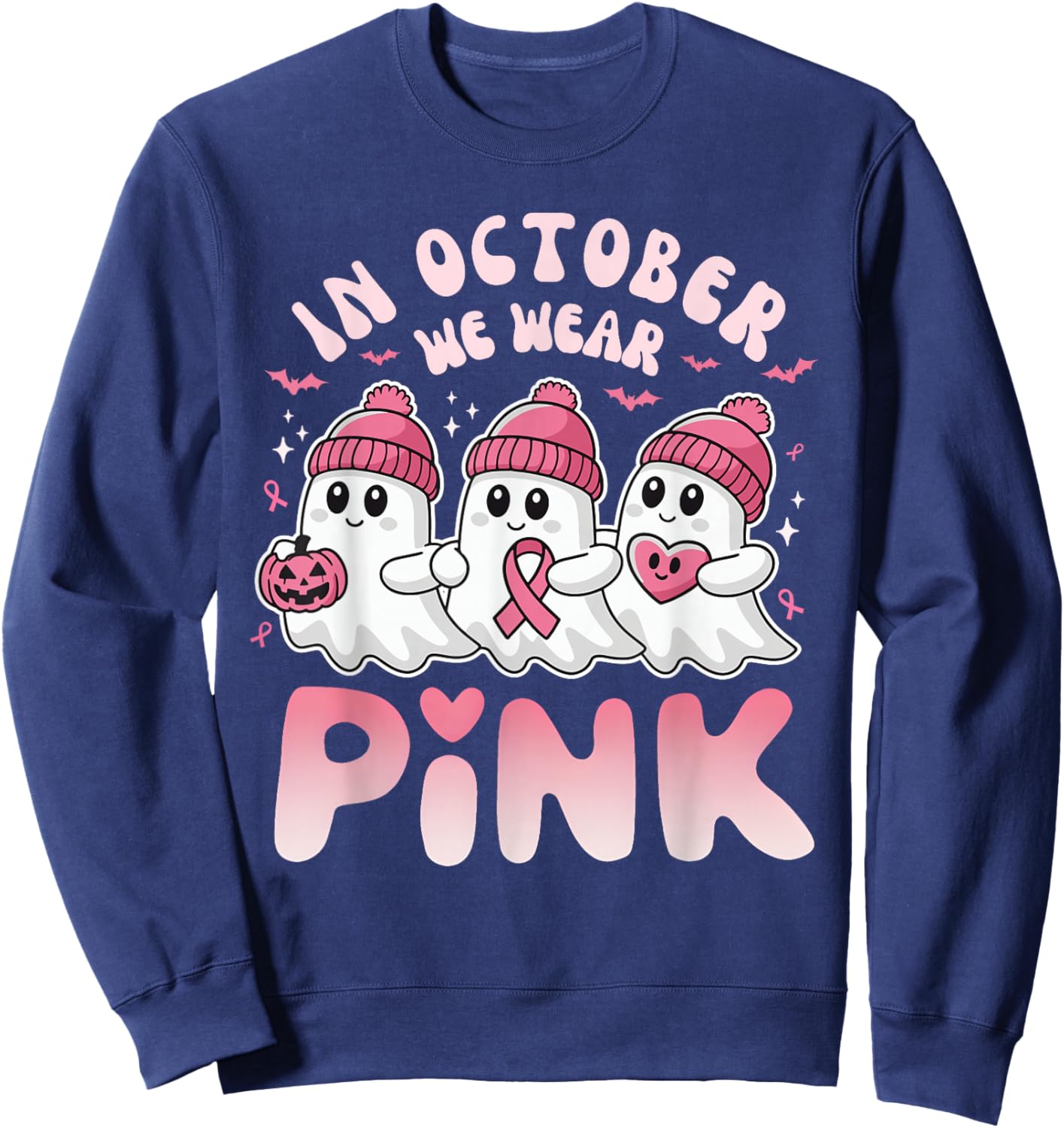 In October We Wear Pink Spooky Ghost Breast Cancer Awareness Sweatshirt - Sweatshirt | Navy