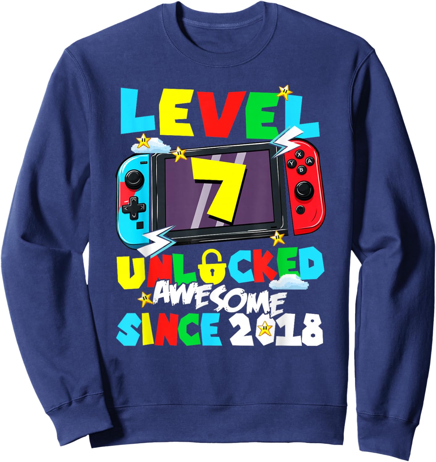 Level 7 Unlocked Awesome Since 2018 7th Birthday Video Gamer Sweatshirt - Sweatshirt | Navy
