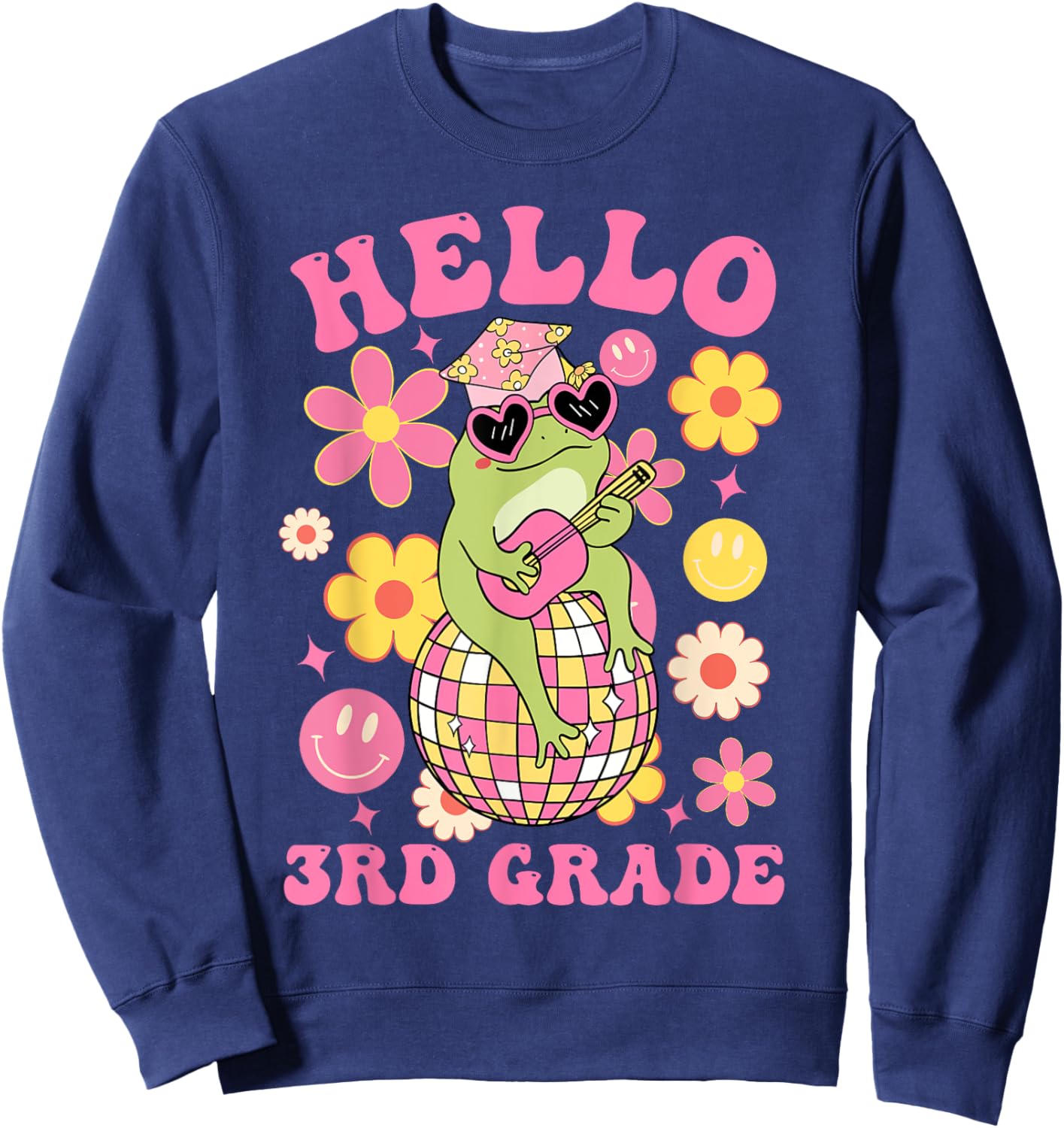 Hello Third 3rd Grade-Back To School Groovy Frog Funny Kids Sweatshirt - Sweatshirt | Navy