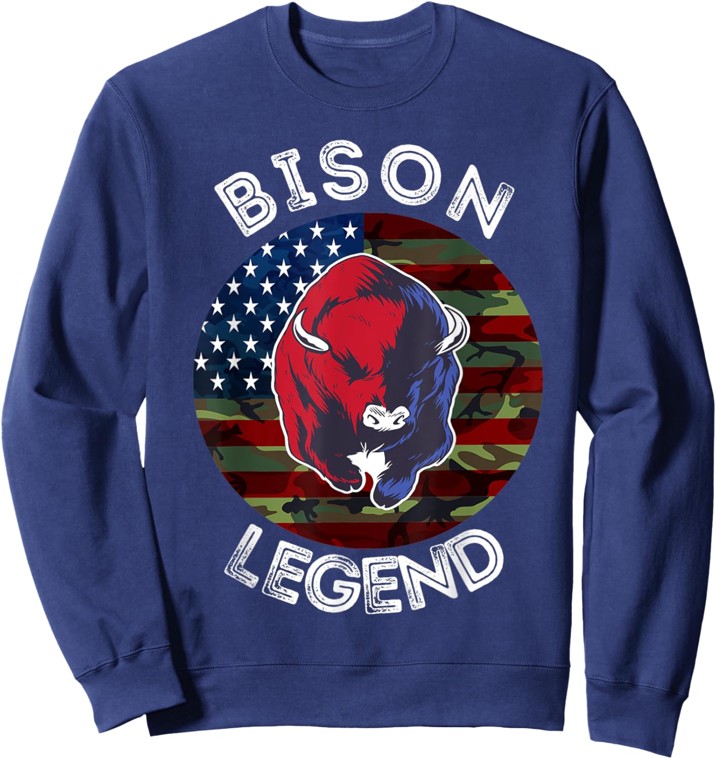 Bison Legend American Flag USA Camouflage Buffalo Cattle Sweatshirt - Sweatshirt | Navy