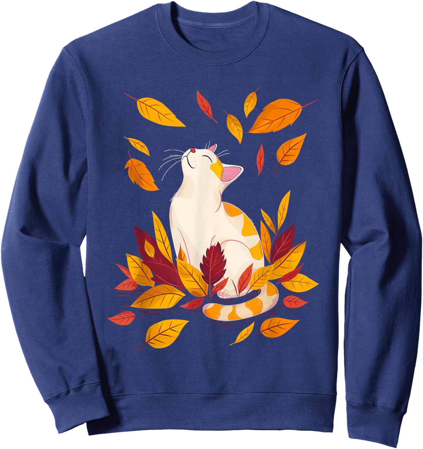 Cat Fall Leaf Tree Hello Autumn Thanksgiving Sweatshirt - Sweatshirt | Navy