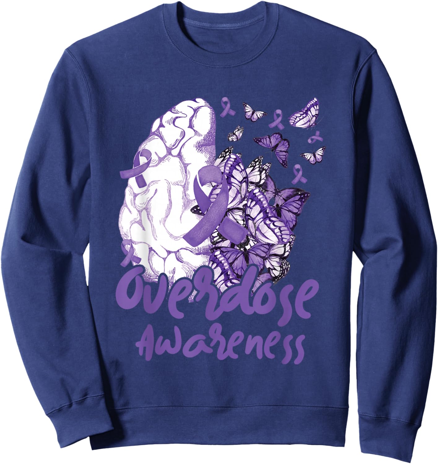 Overdose Awareness Purple Ribbon Drug Addiction Sweatshirt - Sweatshirt | Navy