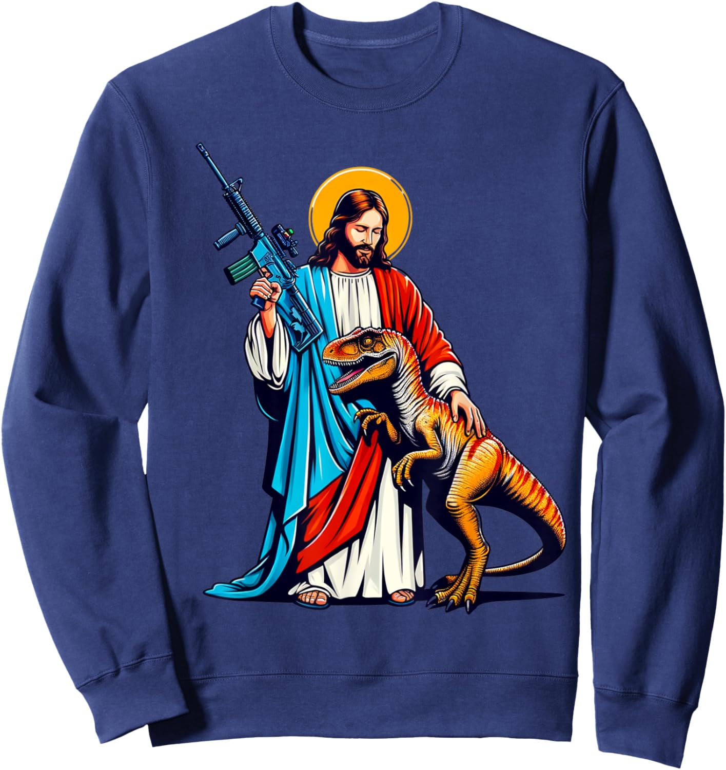 Jesus and Raptor Shirt, Funny AR15 2nd Amendment Patriotic Sweatshirt - Sweatshirt | Navy
