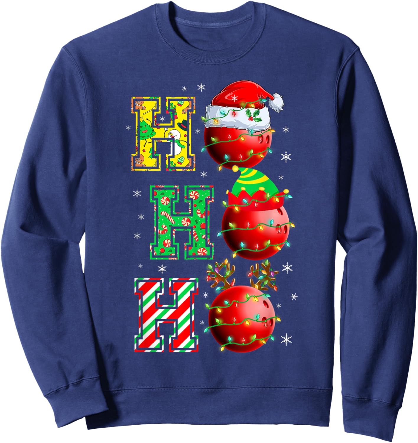 HOHOHO Santa Elf Reindeer Bowling Balls & Christmas Lights Sweatshirt - Sweatshirt | Navy
