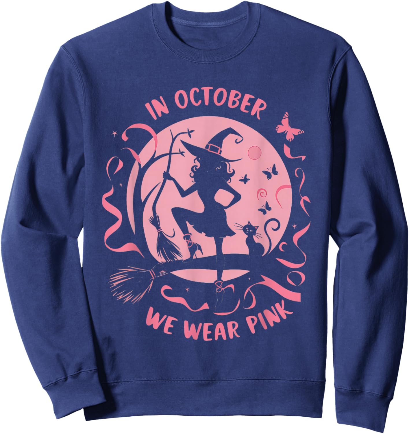 In October We Wear Pink Witch Halloween Breast Cancer Women Sweatshirt - Sweatshirt | Navy