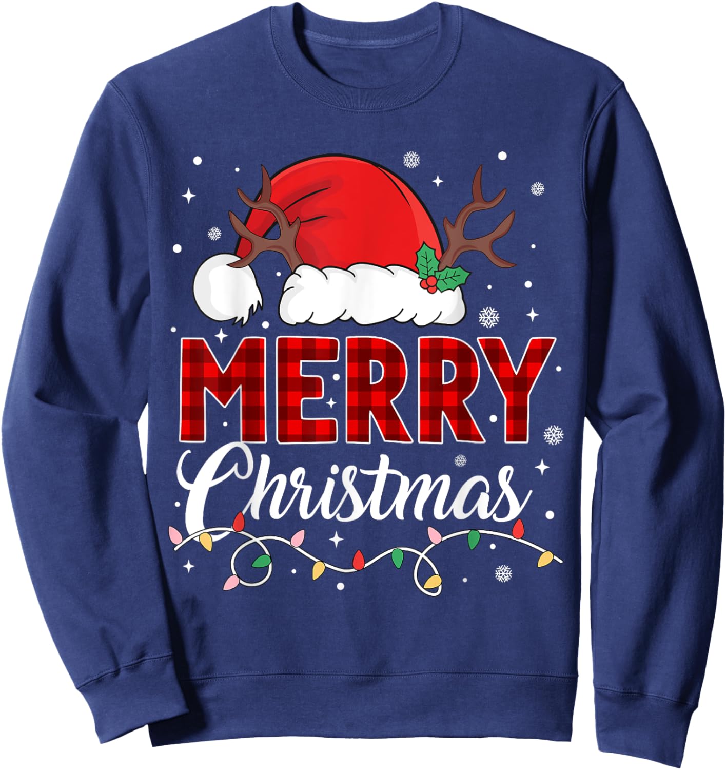 Merry Christmas Lights Red Santa Hat Xmas Family Men Women Sweatshirt - Sweatshirt | Navy