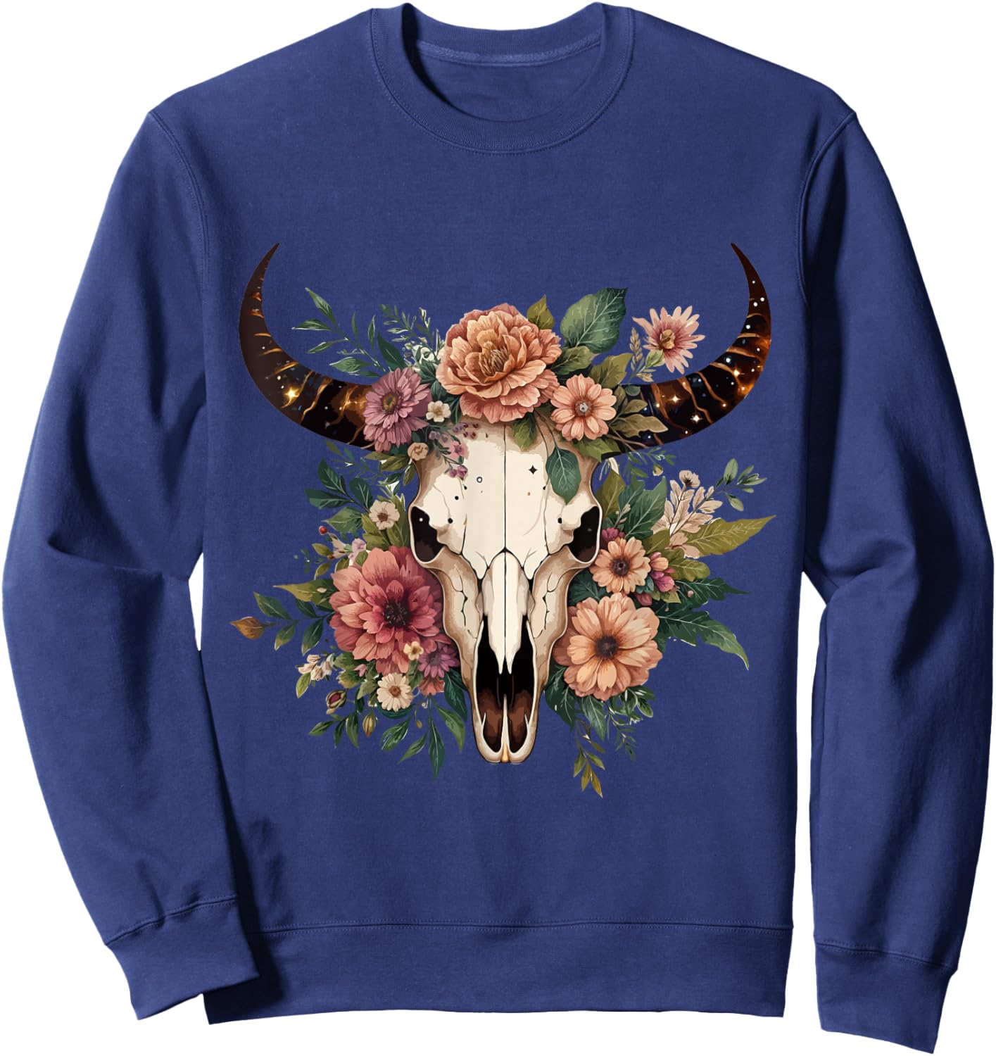 Boho Cow Bull Skull Flowers Wild west Western Cowgirl Texans Sweatshirt - Sweatshirt | Navy