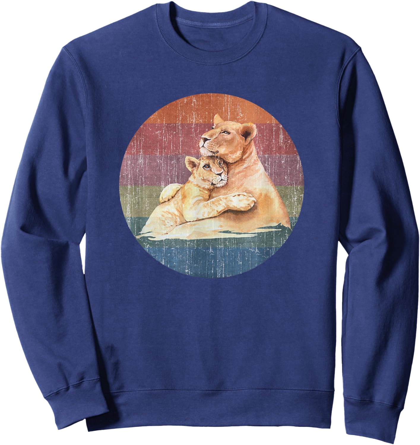 Lioness Lion Mom Baby Cub Watercolor On Distressed Sunset Sweatshirt - Sweatshirt | Navy