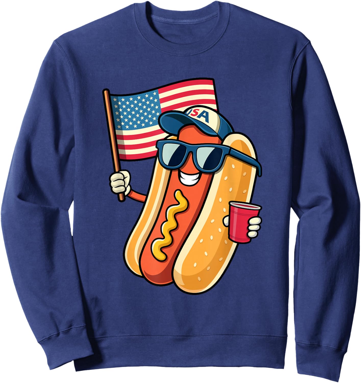 4th of July Hotdog Funny Fourth of July Patriotic USA Flag Sweatshirt - Sweatshirt | Navy