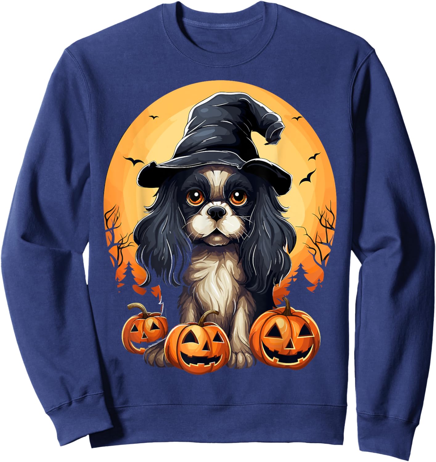 Halloween Cavalier King Charles Spaniel Witch Hat Pumpkin Sweatshirt - Sweatshirt | Navy