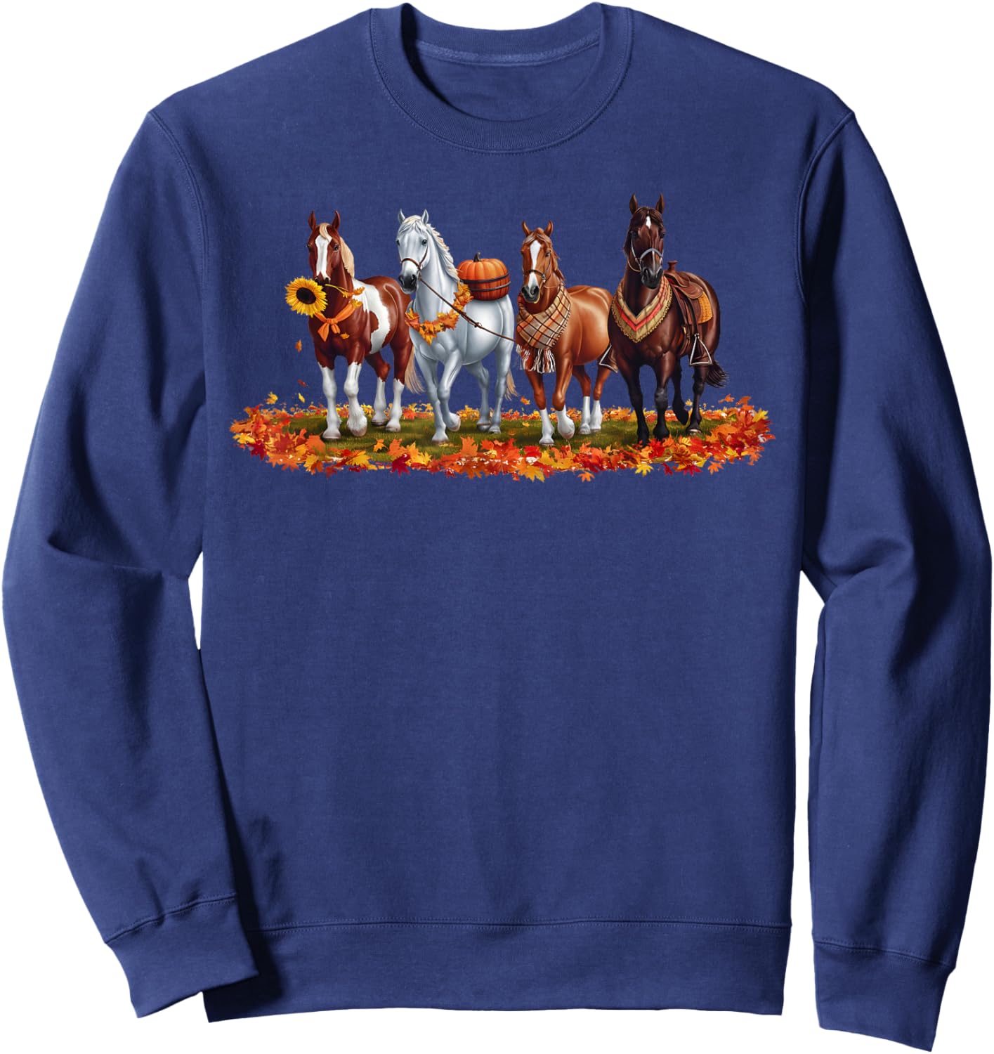Fall Horse Animal Thanksgiving Sunflowers Pumpkin Leaves Sweatshirt - Sweatshirt | Navy